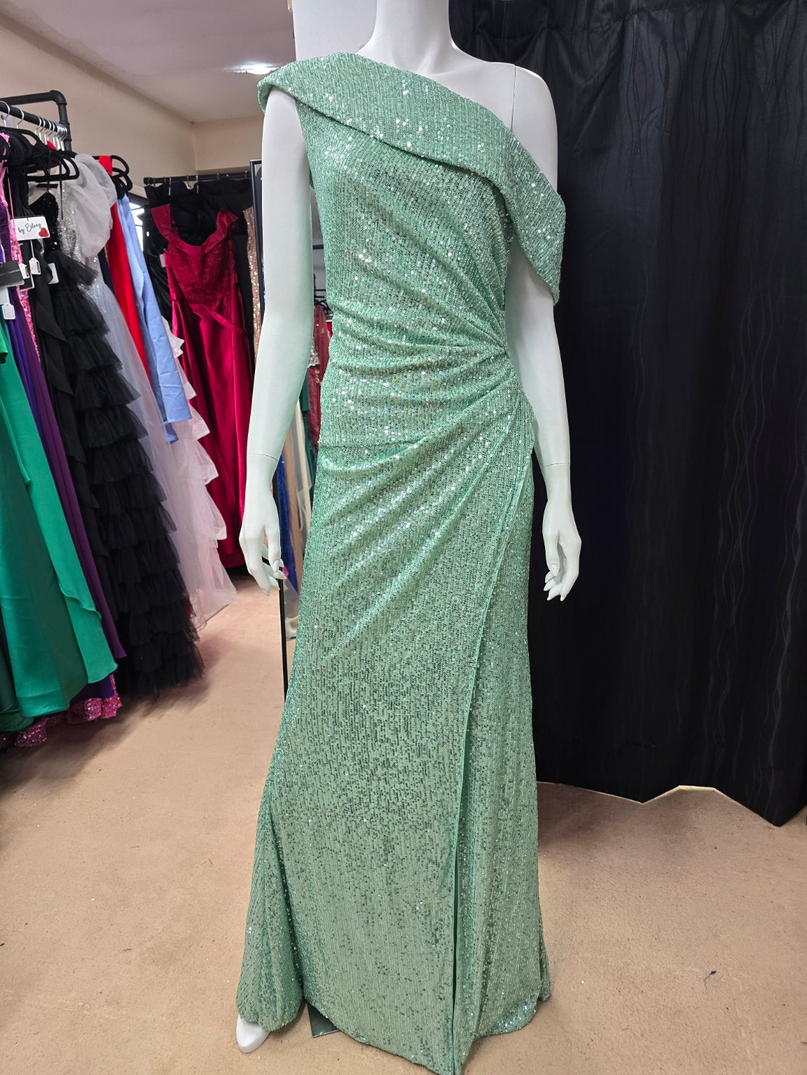DPB0041 Green Off The Shoulder Sequin Ball Dress
