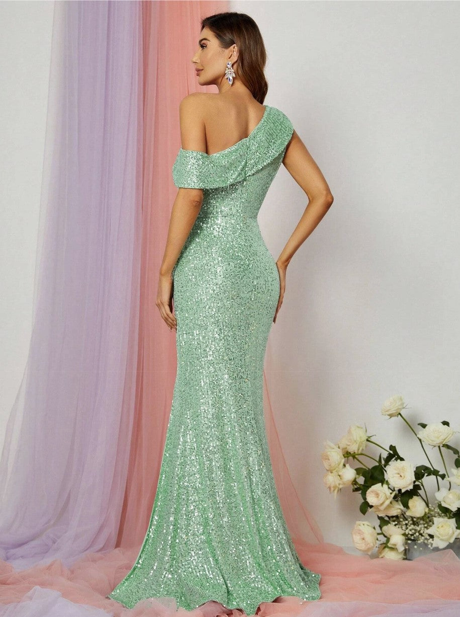 DPB0041 Green Off The Shoulder Sequin Ball Dress