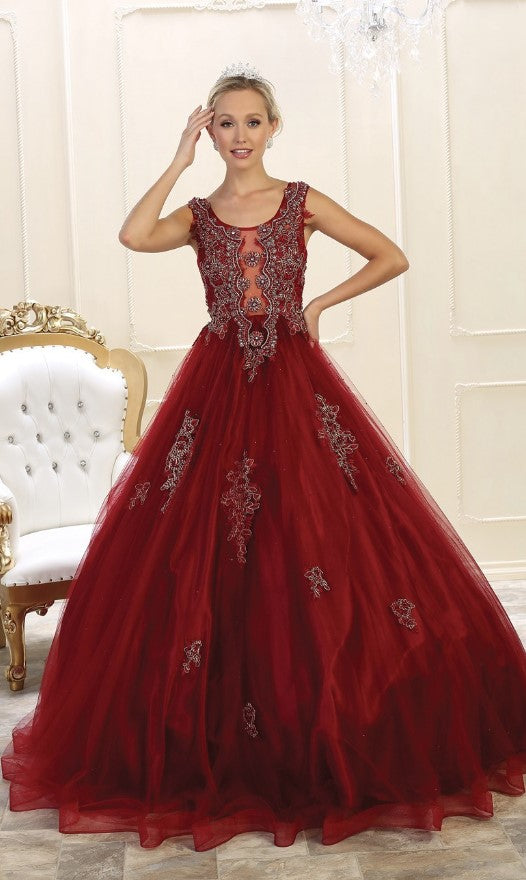 DPB0193 Burgundy Mesh Ball Gown with Beaded Detail