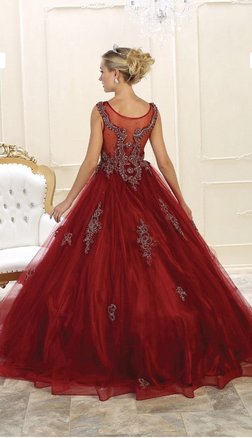DPB0193 Burgundy Mesh Ball Gown with Beaded Detail