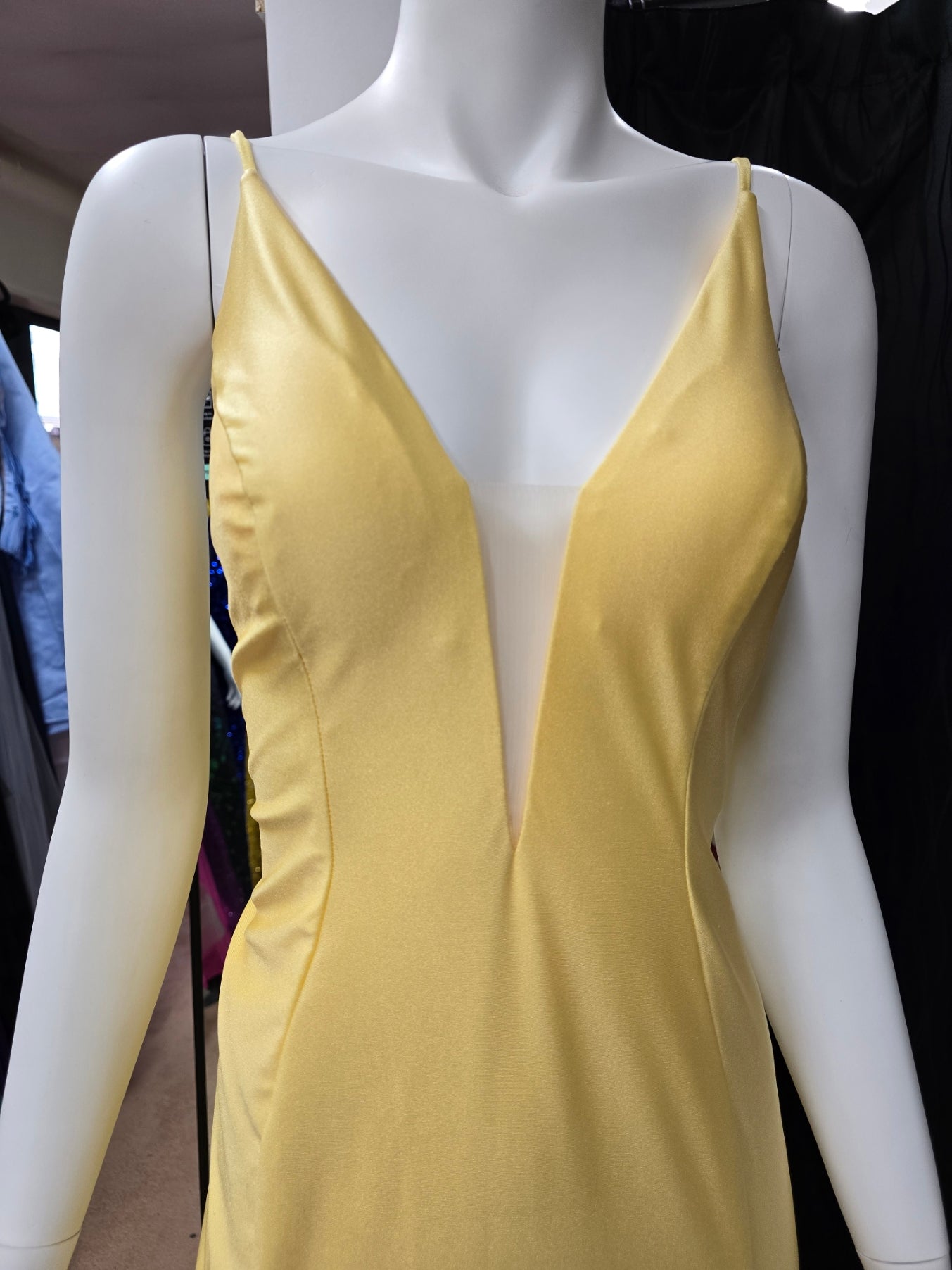 DPB0001 Yellow Spaghetti Strap Open Back Ball Dress