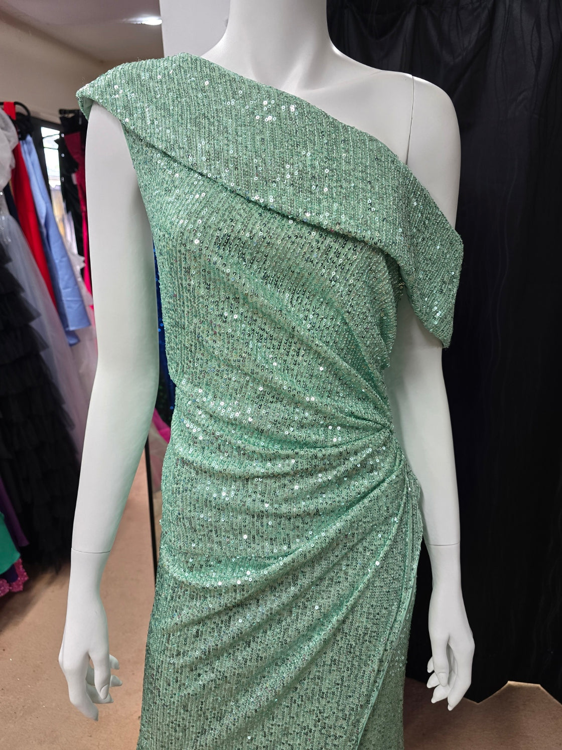 DPB0041 Green Off The Shoulder Sequin Ball Dress