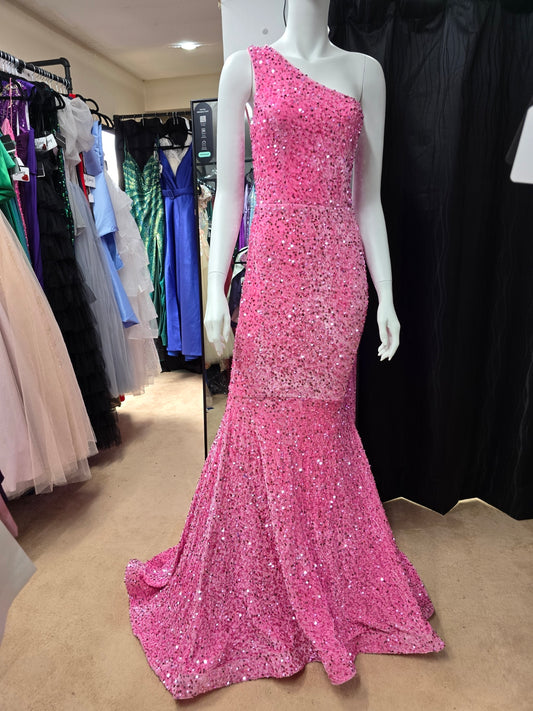 DPB0053 Pink One Shoulder Open Back Sequin Dress