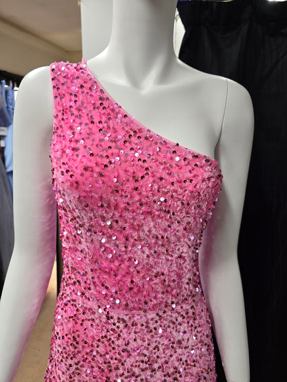 DPB0053 Pink One Shoulder Open Back Sequin Dress