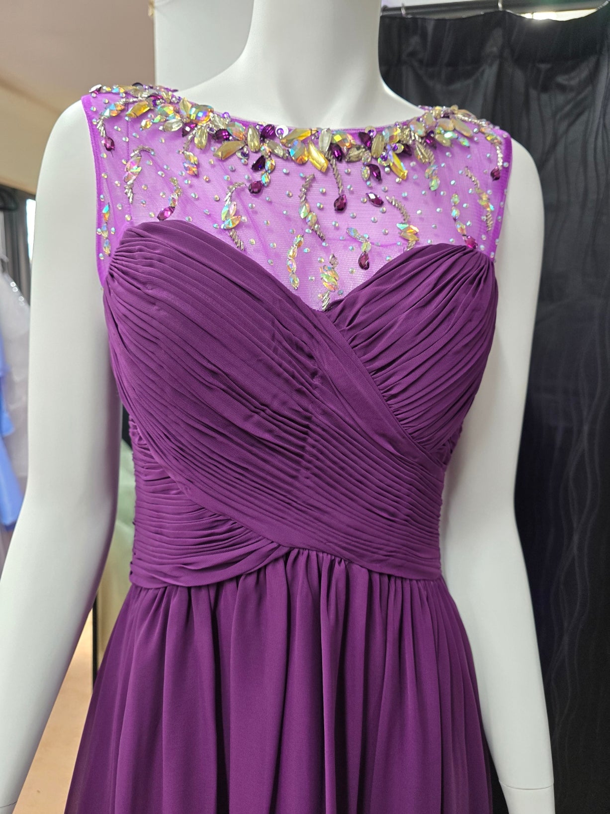 DPB0084 Purple Bead & Rhinestone Ruched Dress