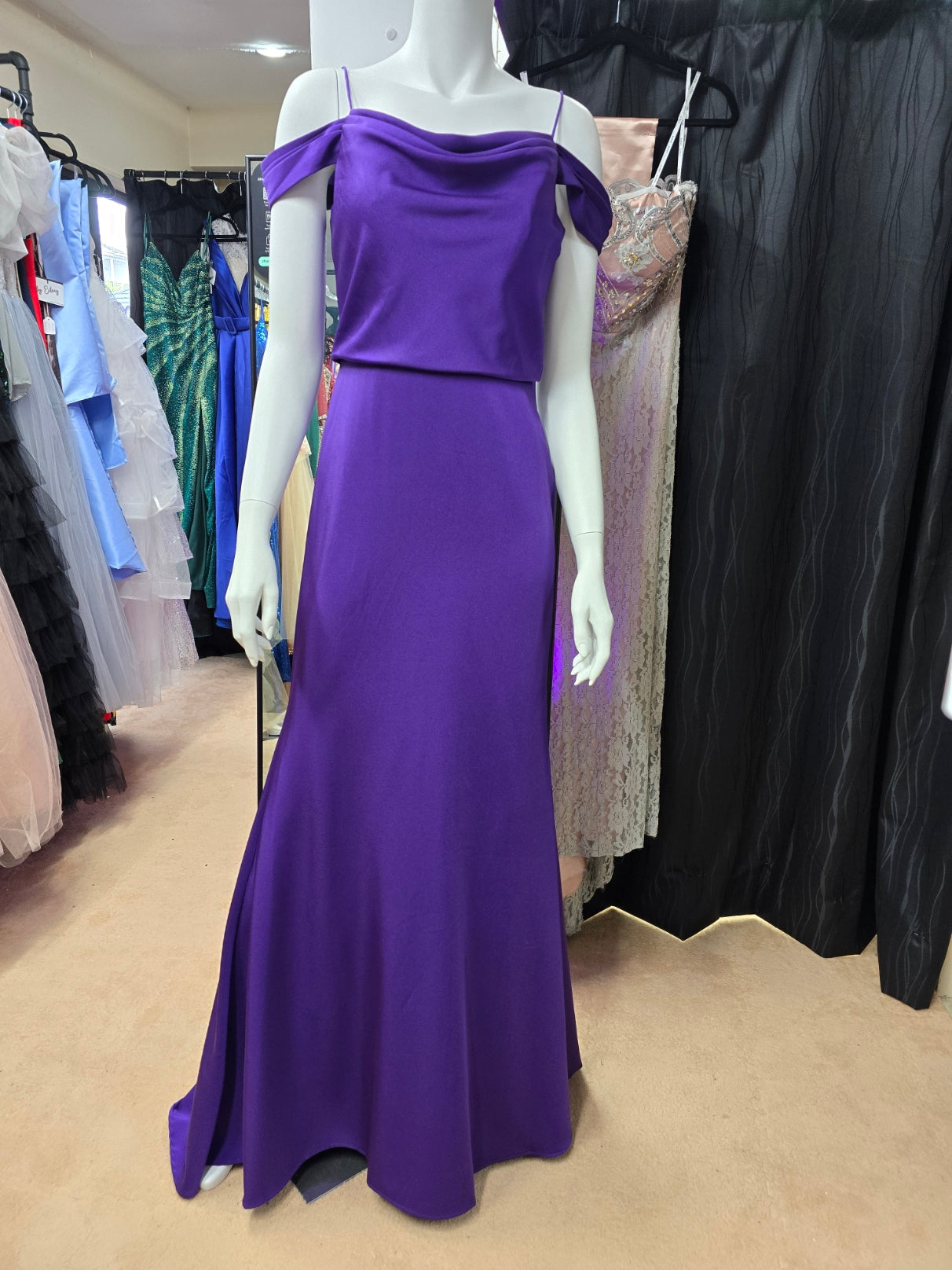 DPB0097 Purple Off Shoulder Bridesmaid Dress