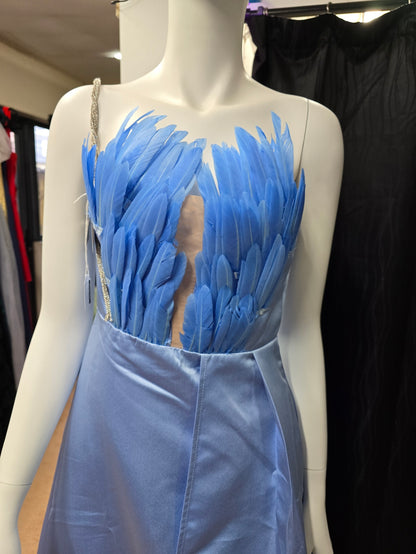 DPB0107 Feather Trim Blue Dress