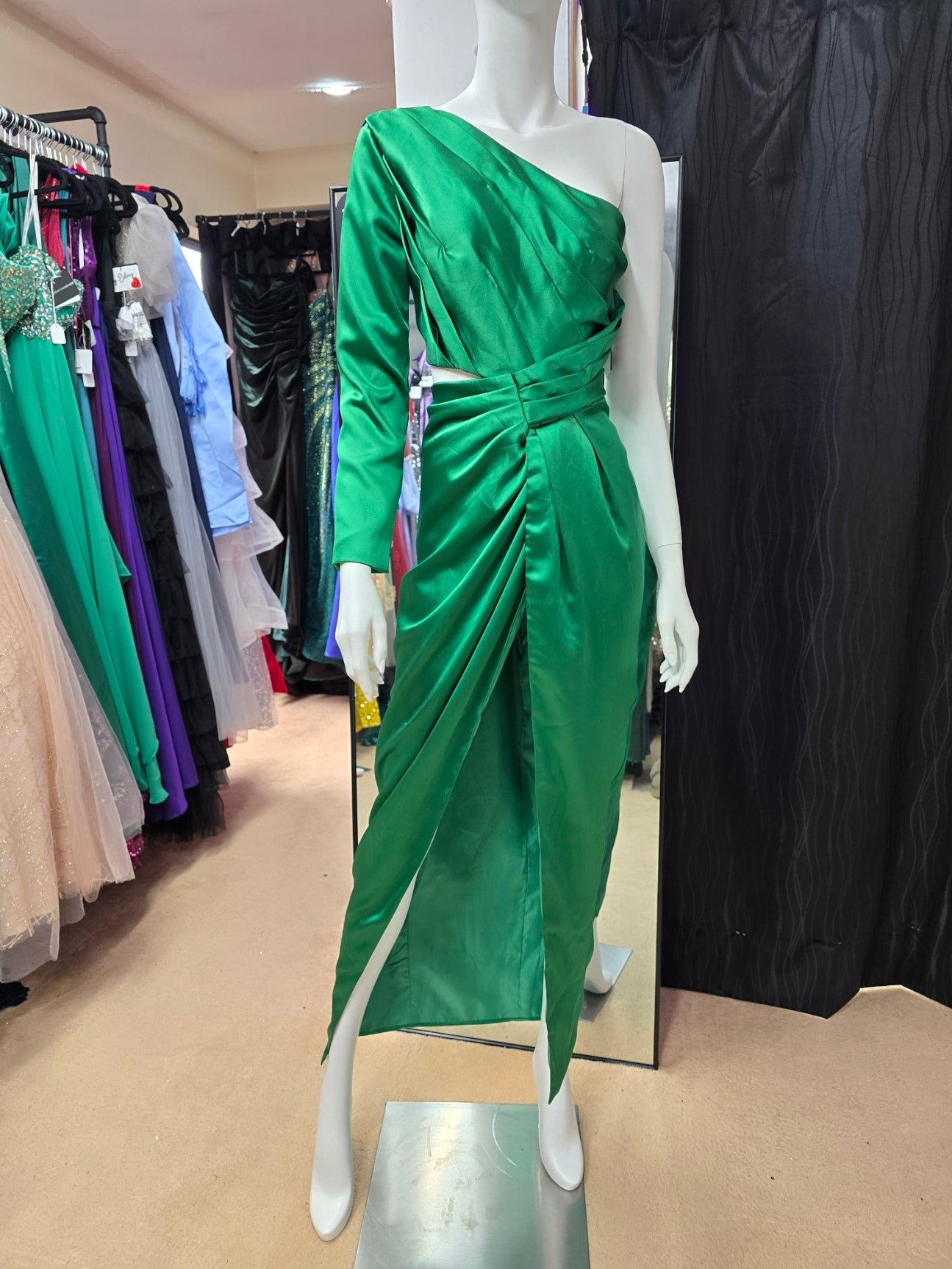 DPB0130 One Shoulder Green Satin Dress