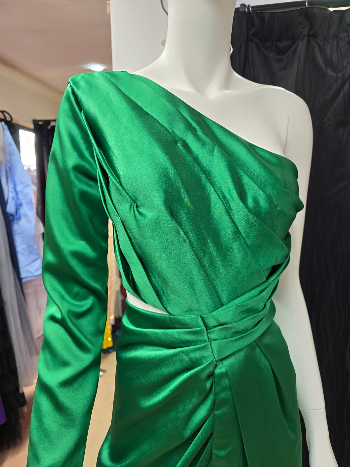 DPB0130 One Shoulder Green Satin Dress