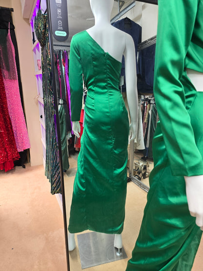 DPB0130 One Shoulder Green Satin Dress