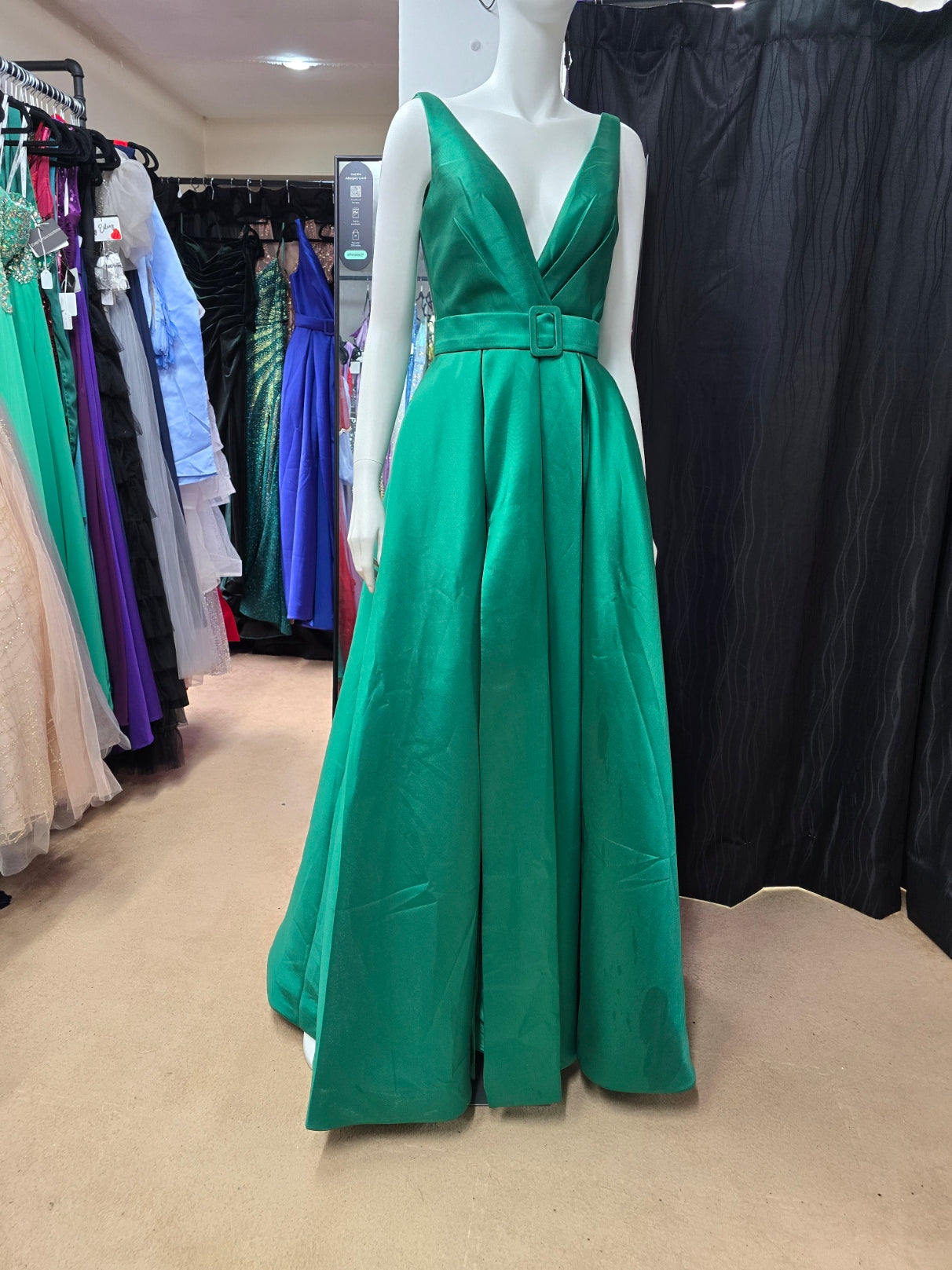 DPB0143 Green Satin V Front & Back Dress with Belt