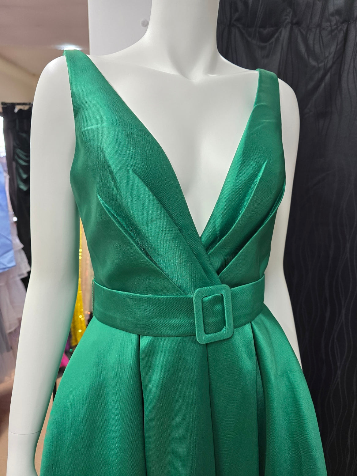 DPB0143 Green Satin V Front & Back Dress with Belt