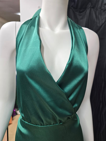 DPB0150 Green Satin Open Back Dress