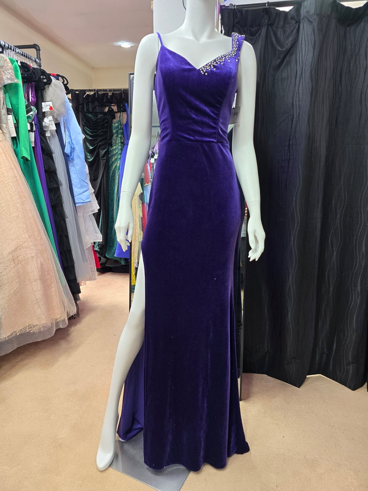 DPB0261 Purple Velvet Dress with Rhinestone Detail