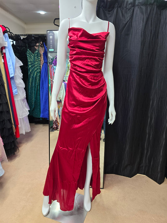 DPB0273 Red Spaghetti Strap Ruched Satin Dress