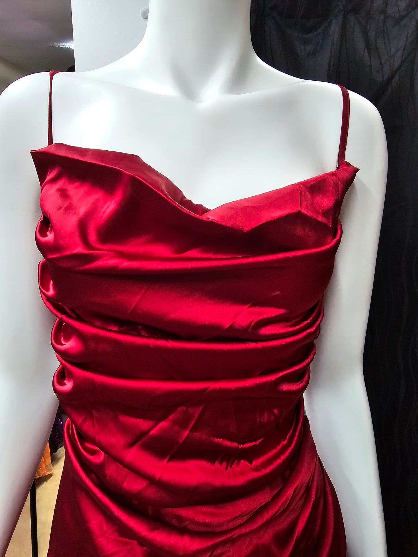 DPB0273 Red Spaghetti Strap Ruched Satin Dress