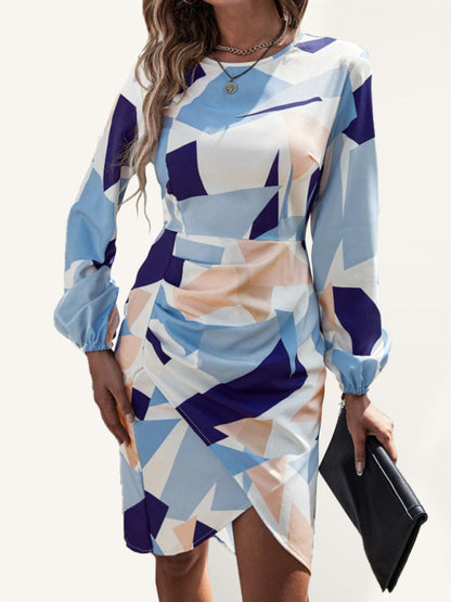 DSB0215 Women's Slim Geometric Print Long Sleeve Dress